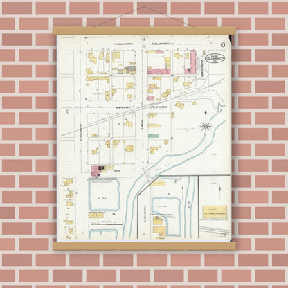 Old map wall art mockup — magnetic wood frame on brick wall — Sanborn Fire Insurance Map from Columbia City, Whitley County, Indiana (1905), Sheet #0006