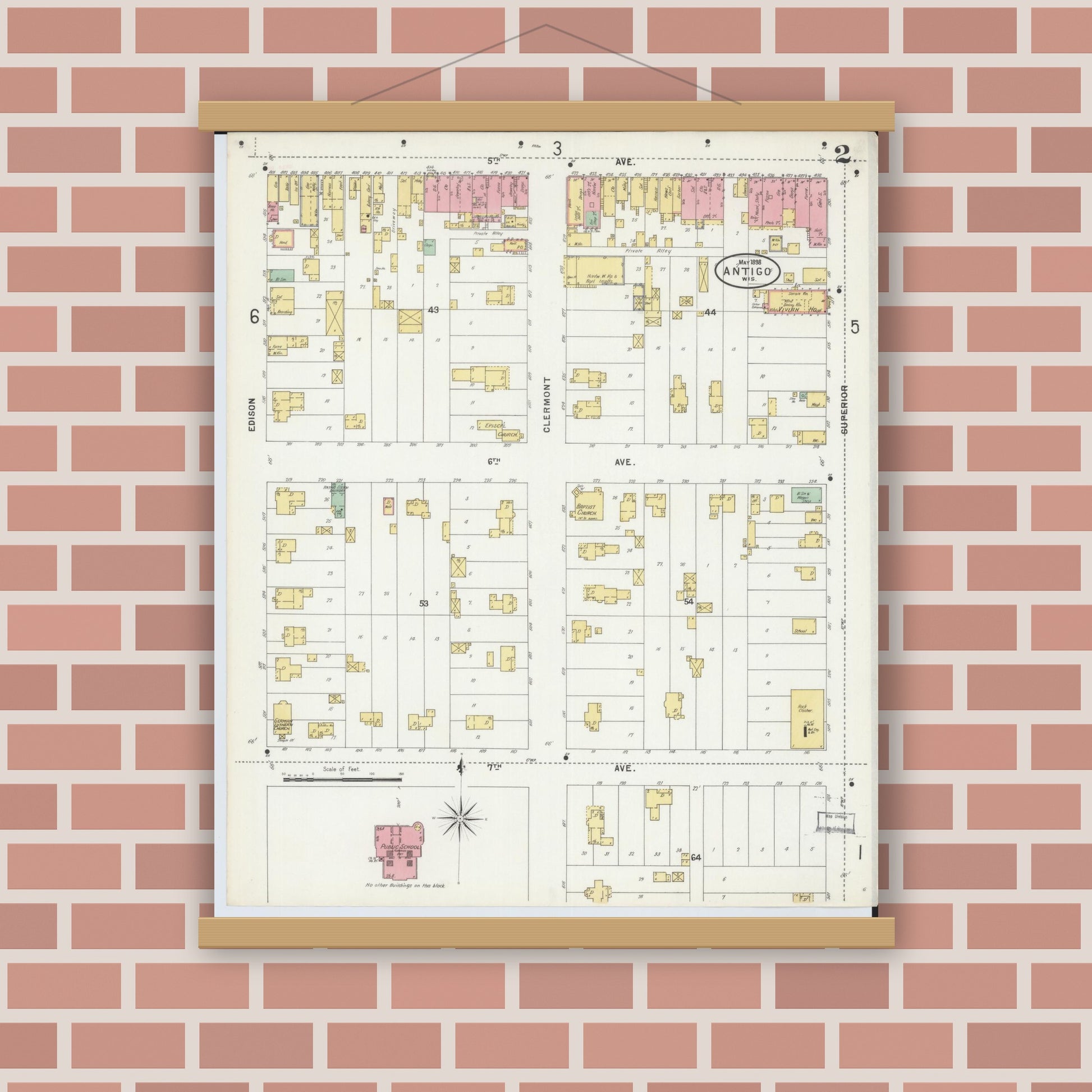 Old map wall art mockup — magnetic wood frame on brick wall — Sanborn Fire Insurance Map from Antigo, Langlade County, Wisconsin (1898), Sheet #0002