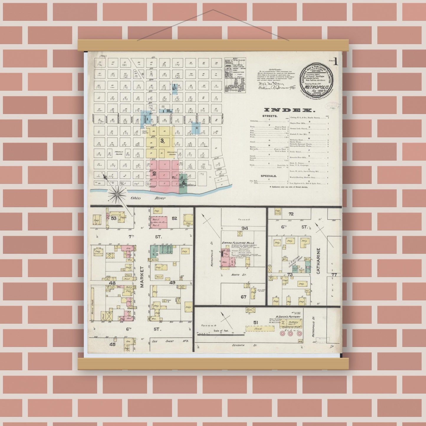 Old map wall art mockup — magnetic wood frame on brick wall — Sanborn Fire Insurance Map from Metropolis, Massac County, Illinois (1888), Sheet #0001