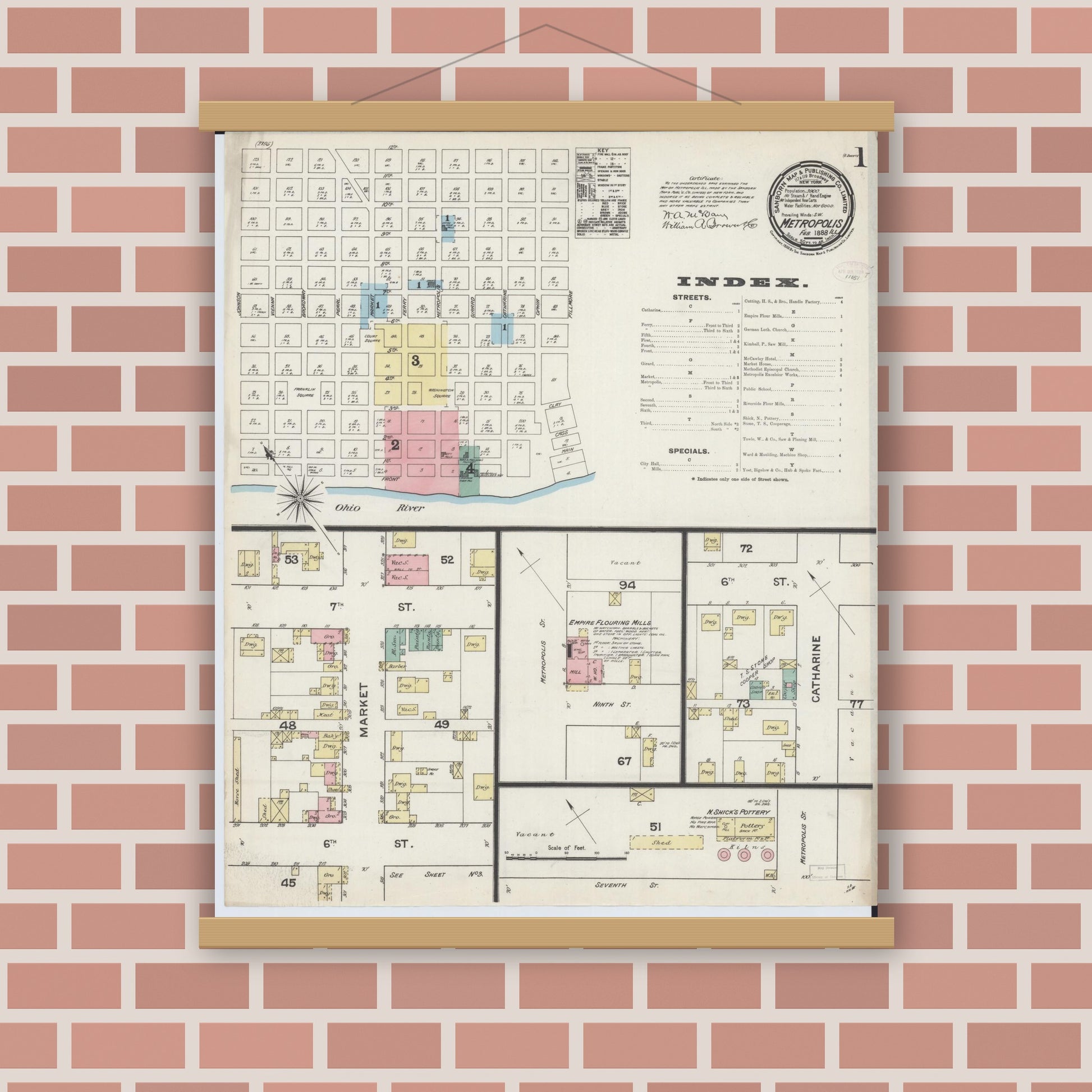 Old map wall art mockup — magnetic wood frame on brick wall — Sanborn Fire Insurance Map from Metropolis, Massac County, Illinois (1888), Sheet #0001