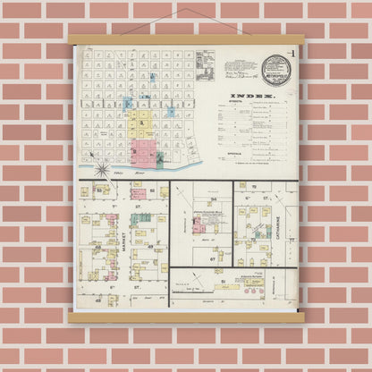 Old map wall art mockup — magnetic wood frame on brick wall — Sanborn Fire Insurance Map from Metropolis, Massac County, Illinois (1888), Sheet #0001