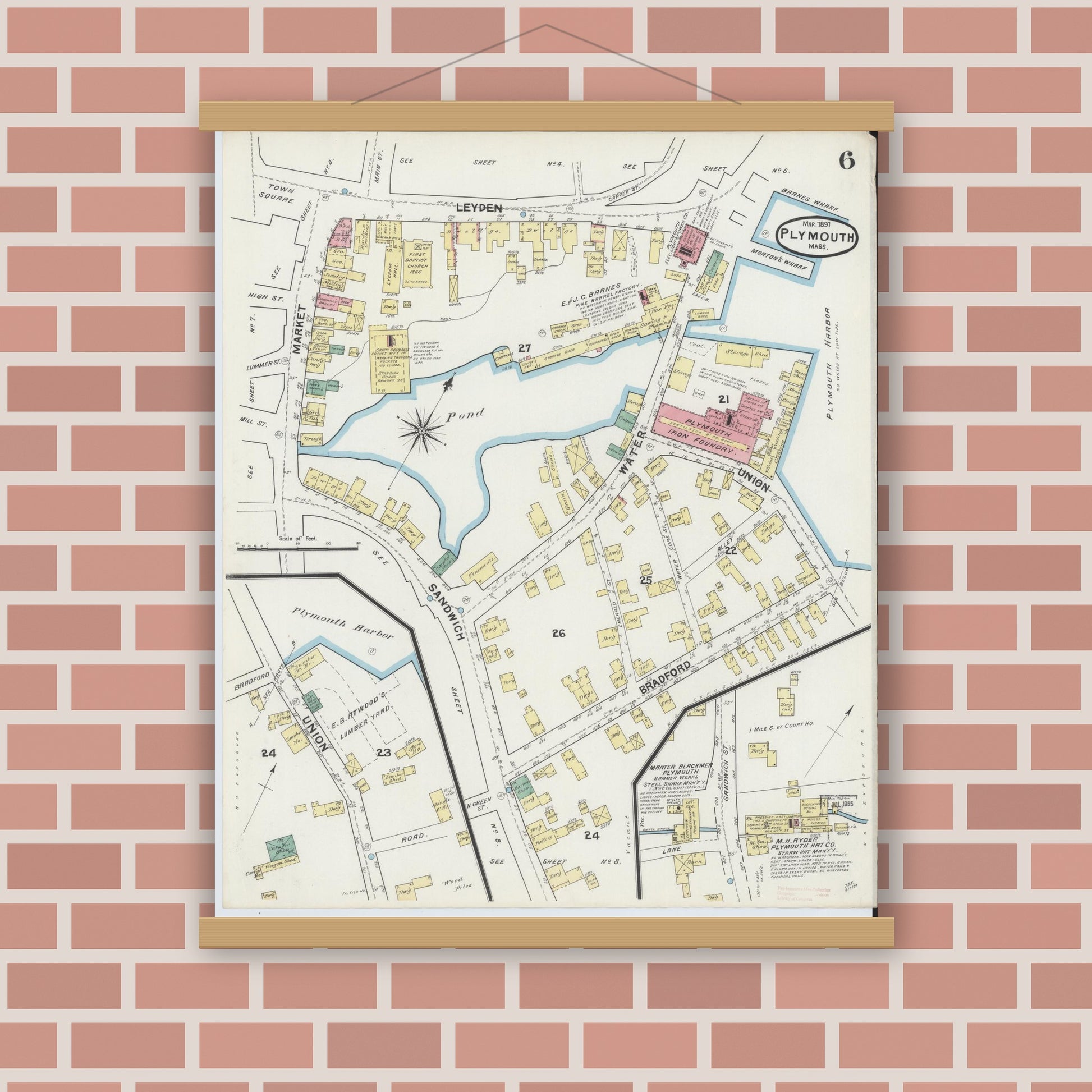 Old map wall art mockup — magnetic wood frame on brick wall — Sanborn Fire Insurance Map from Plymouth, Plymouth County, Massachusetts (1891), Sheet #0006
