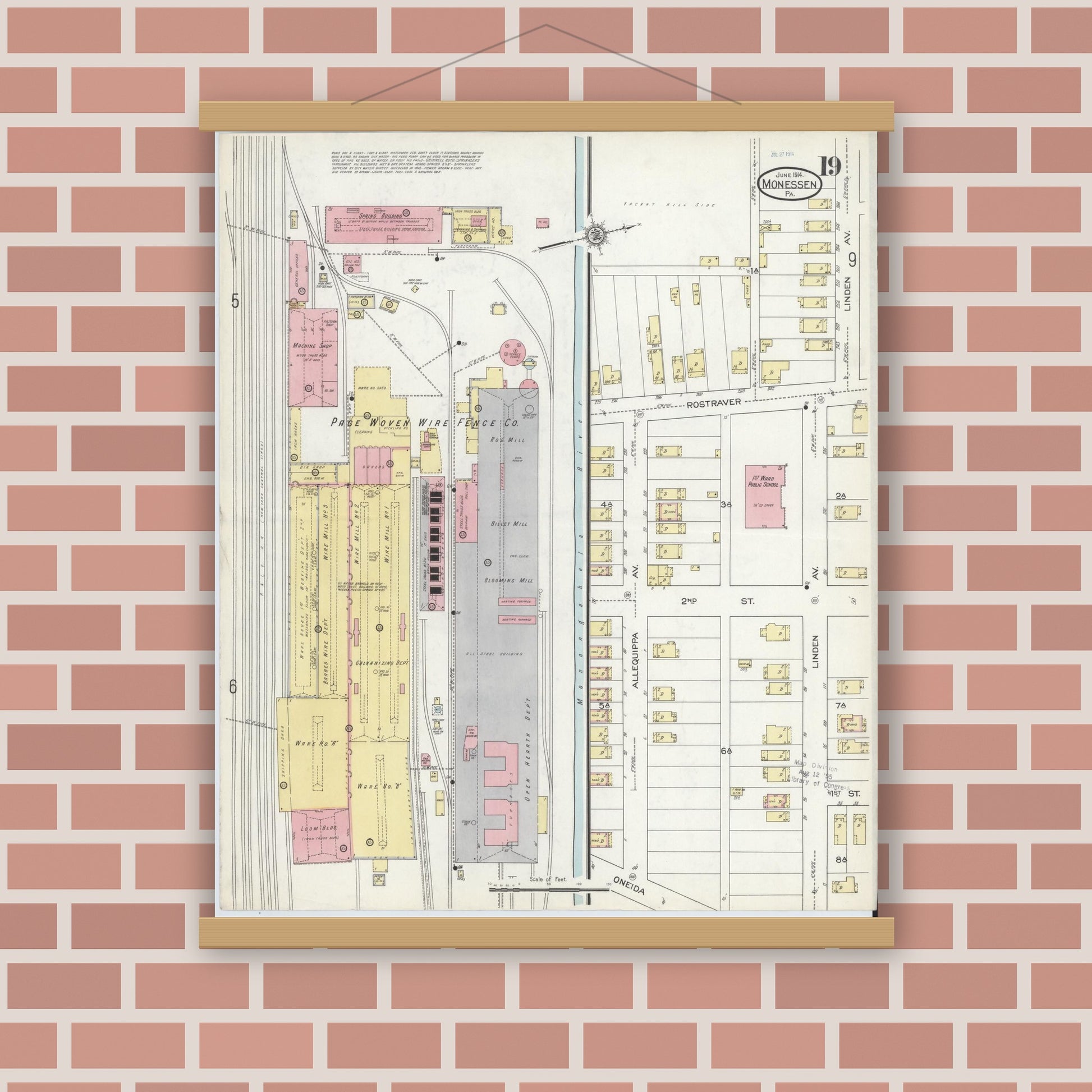 Old map wall art mockup — magnetic wood frame on brick wall — Sanborn Fire Insurance Map from Monessen, Westmoreland County, Pennsylvania (1914), Sheet #0019