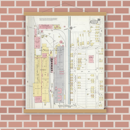 Old map wall art mockup — magnetic wood frame on brick wall — Sanborn Fire Insurance Map from Monessen, Westmoreland County, Pennsylvania (1914), Sheet #0019
