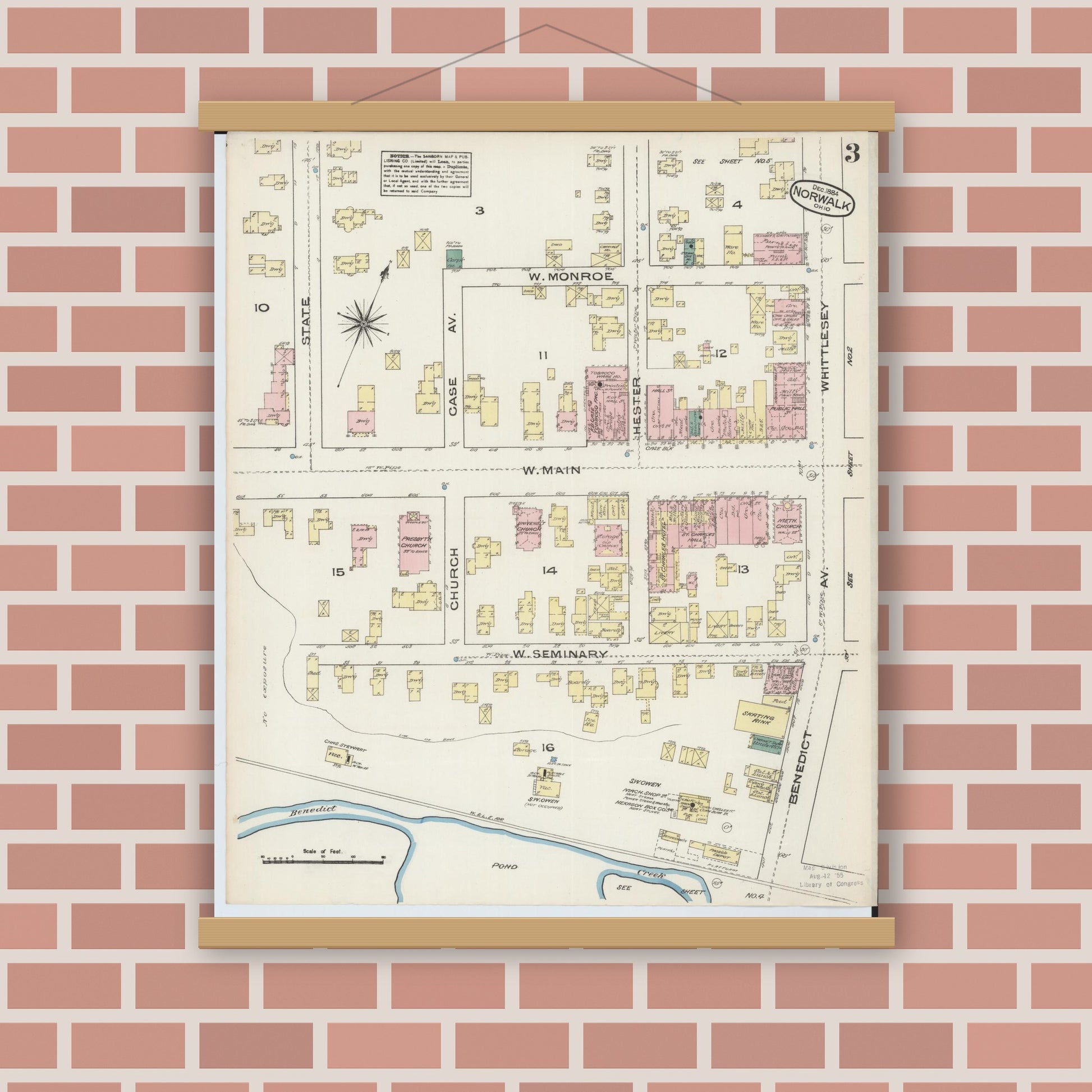 Old map wall art mockup — magnetic wood frame on brick wall — Sanborn Fire Insurance Map from Norwalk, Huron County, Ohio (1884), Sheet #0003