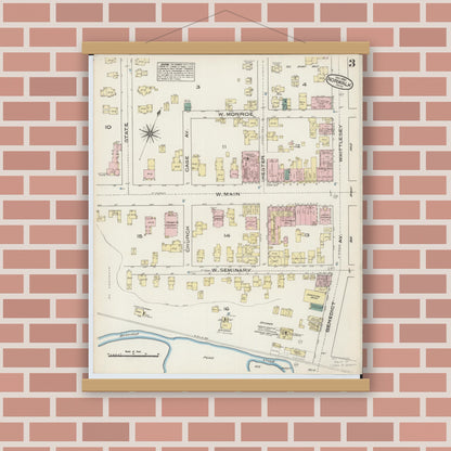 Old map wall art mockup — magnetic wood frame on brick wall — Sanborn Fire Insurance Map from Norwalk, Huron County, Ohio (1884), Sheet #0003