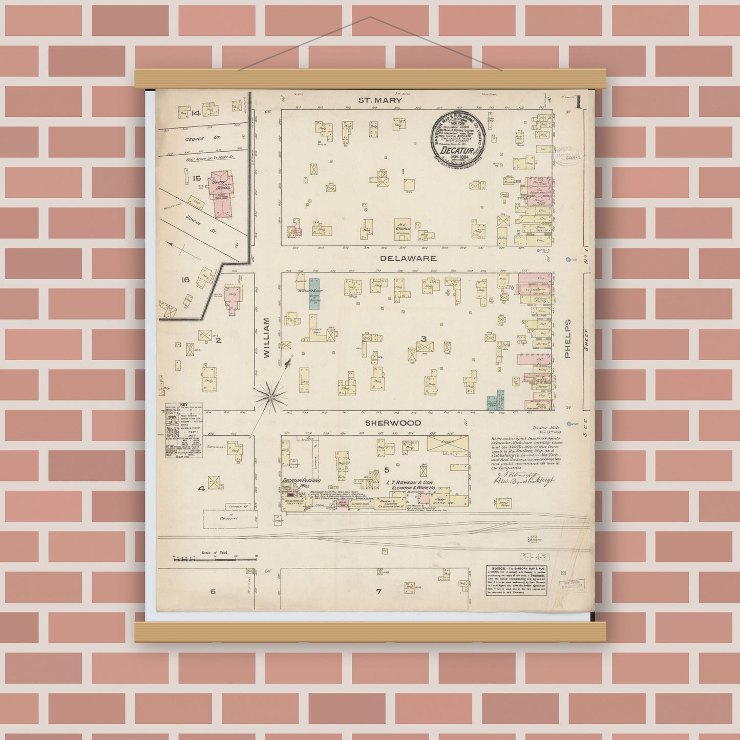 Old map wall art mockup — magnetic wood frame on brick wall — Sanborn Fire Insurance Map from Decatur, Van Buren County, Michigan (1884) - Complete Map Set
