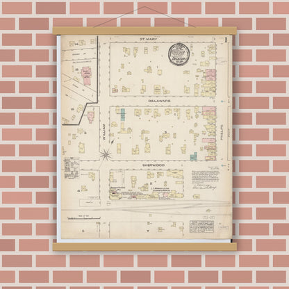 Old map wall art mockup — magnetic wood frame on brick wall — Sanborn Fire Insurance Map from Decatur, Van Buren County, Michigan (1884) - Complete Map Set