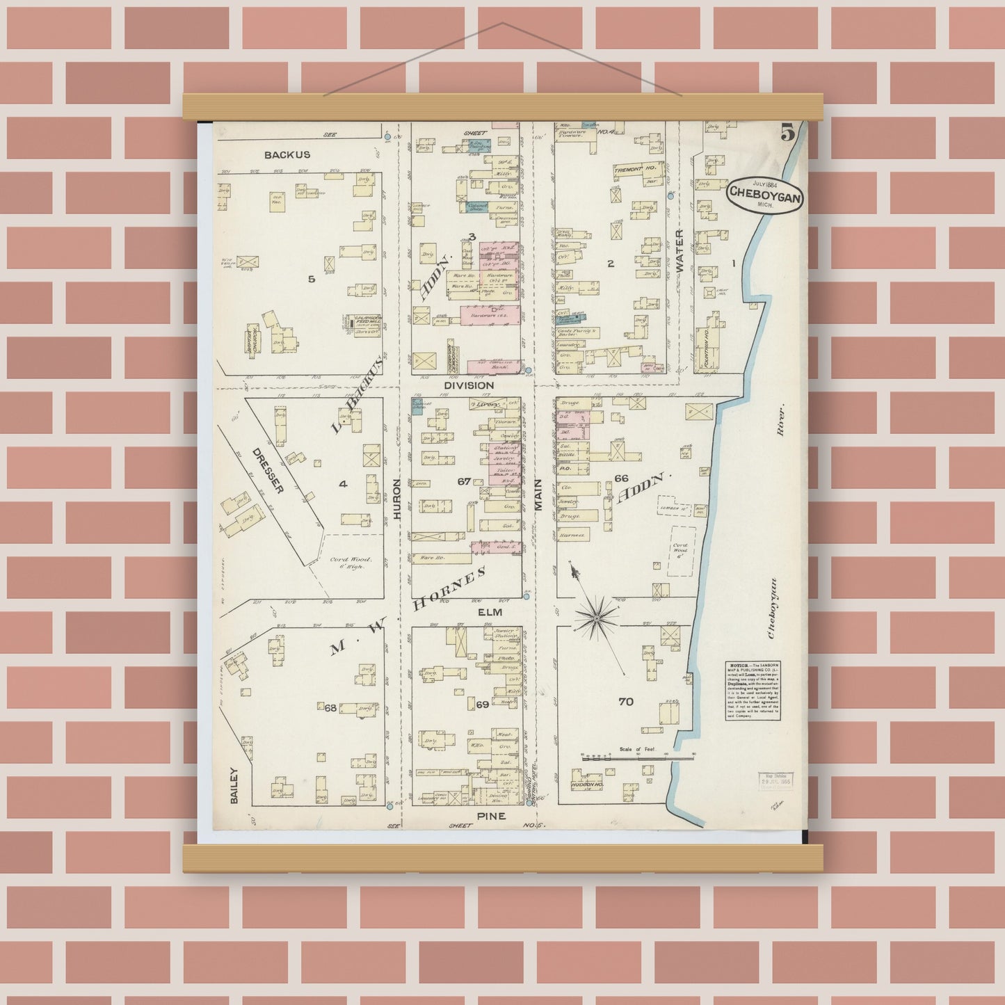 Old map wall art mockup — magnetic wood frame on brick wall — Sanborn Fire Insurance Map from Cheboygan, Cheboygan County, Michigan (1884), Sheet #0005
