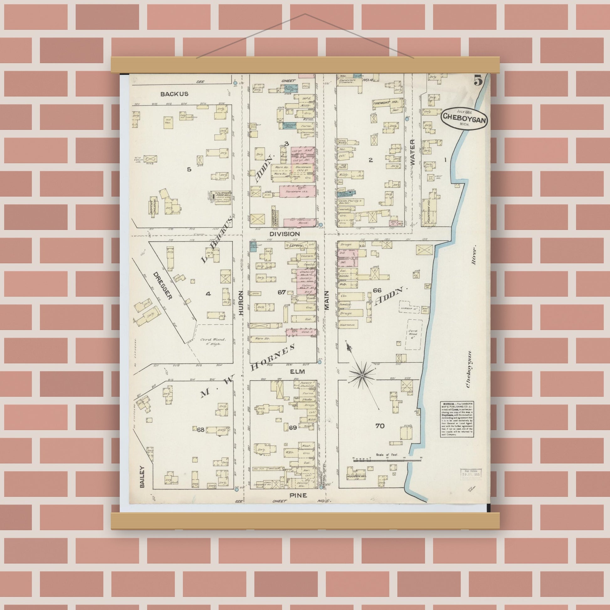 Old map wall art mockup — magnetic wood frame on brick wall — Sanborn Fire Insurance Map from Cheboygan, Cheboygan County, Michigan (1884), Sheet #0005