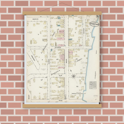 Old map wall art mockup — magnetic wood frame on brick wall — Sanborn Fire Insurance Map from Cheboygan, Cheboygan County, Michigan (1884), Sheet #0005