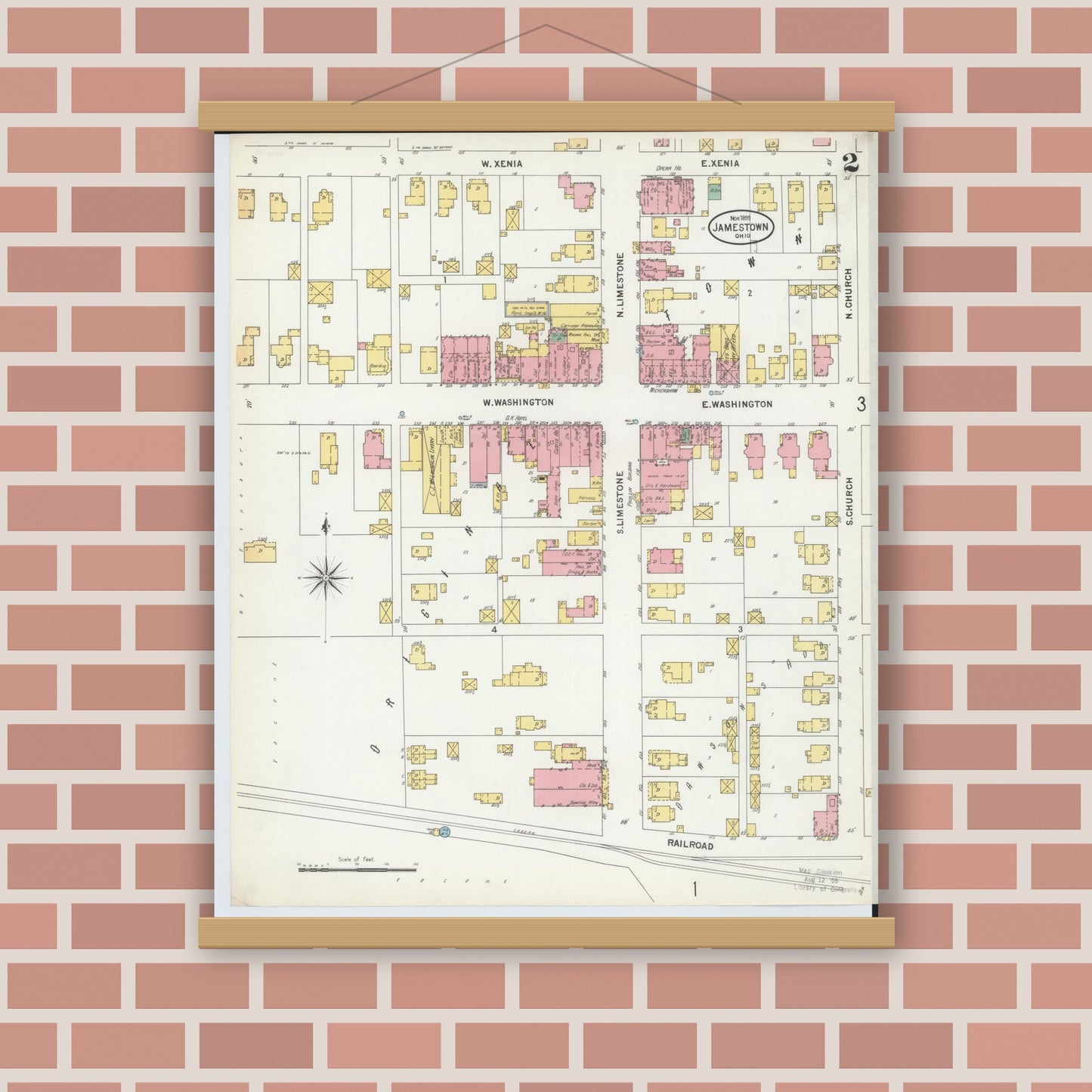 Old map wall art mockup — magnetic wood frame on brick wall — Sanborn Fire Insurance Map from Jamestown, Greene County, Ohio (1899), Sheet #0002