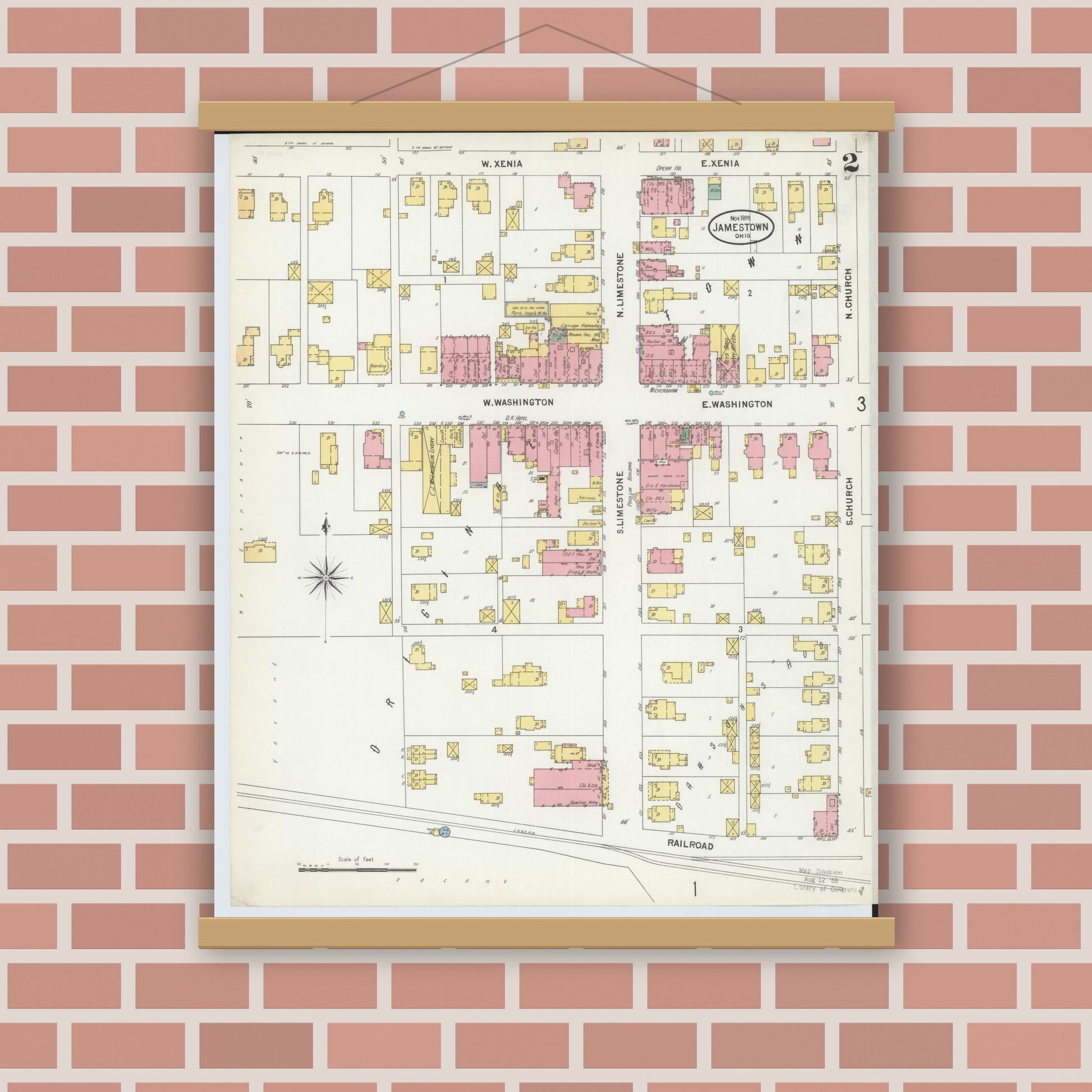 Old map wall art mockup — magnetic wood frame on brick wall — Sanborn Fire Insurance Map from Jamestown, Greene County, Ohio (1899), Sheet #0002
