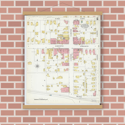 Old map wall art mockup — magnetic wood frame on brick wall — Sanborn Fire Insurance Map from Jamestown, Greene County, Ohio (1899), Sheet #0002