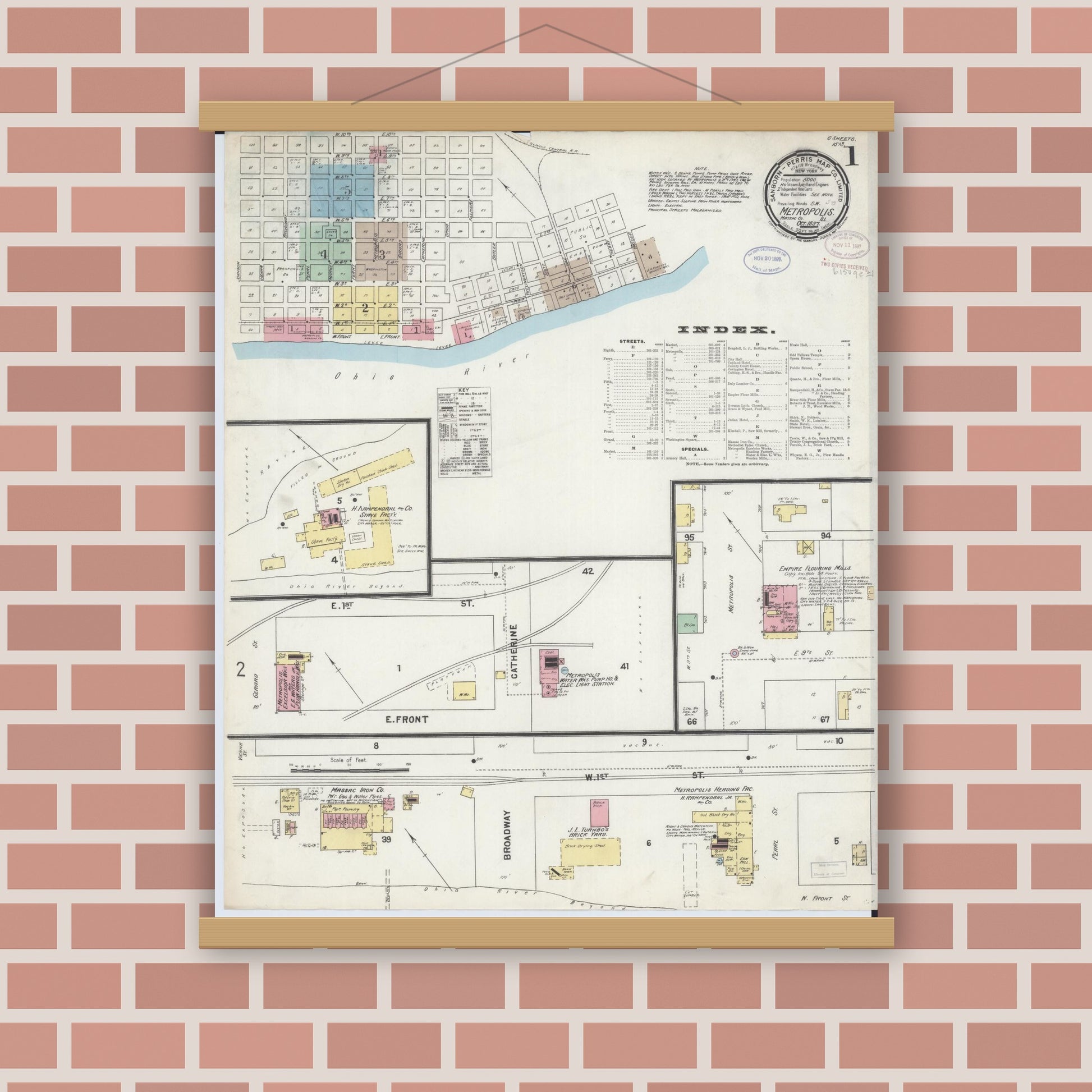 Old map wall art mockup — magnetic wood frame on brick wall — Sanborn Fire Insurance Map from Metropolis, Massac County, Illinois (1897), Sheet #0001
