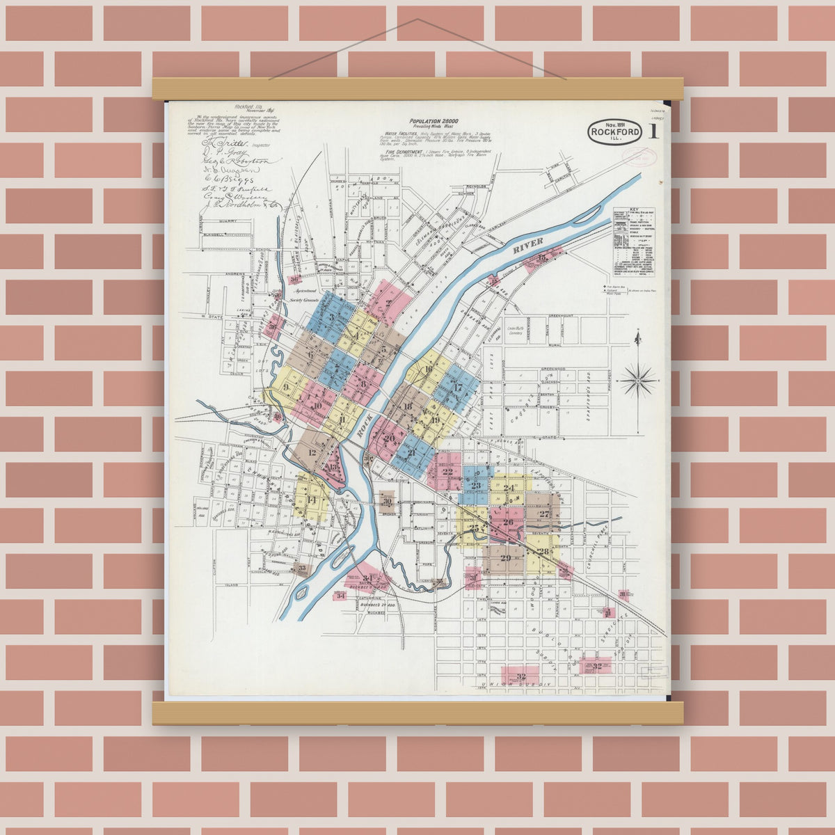 Old map wall art mockup — magnetic wood frame on brick wall — Sanborn Fire Insurance Map from Rockford, Winnebago County, Illinois (1891), Sheet #0001