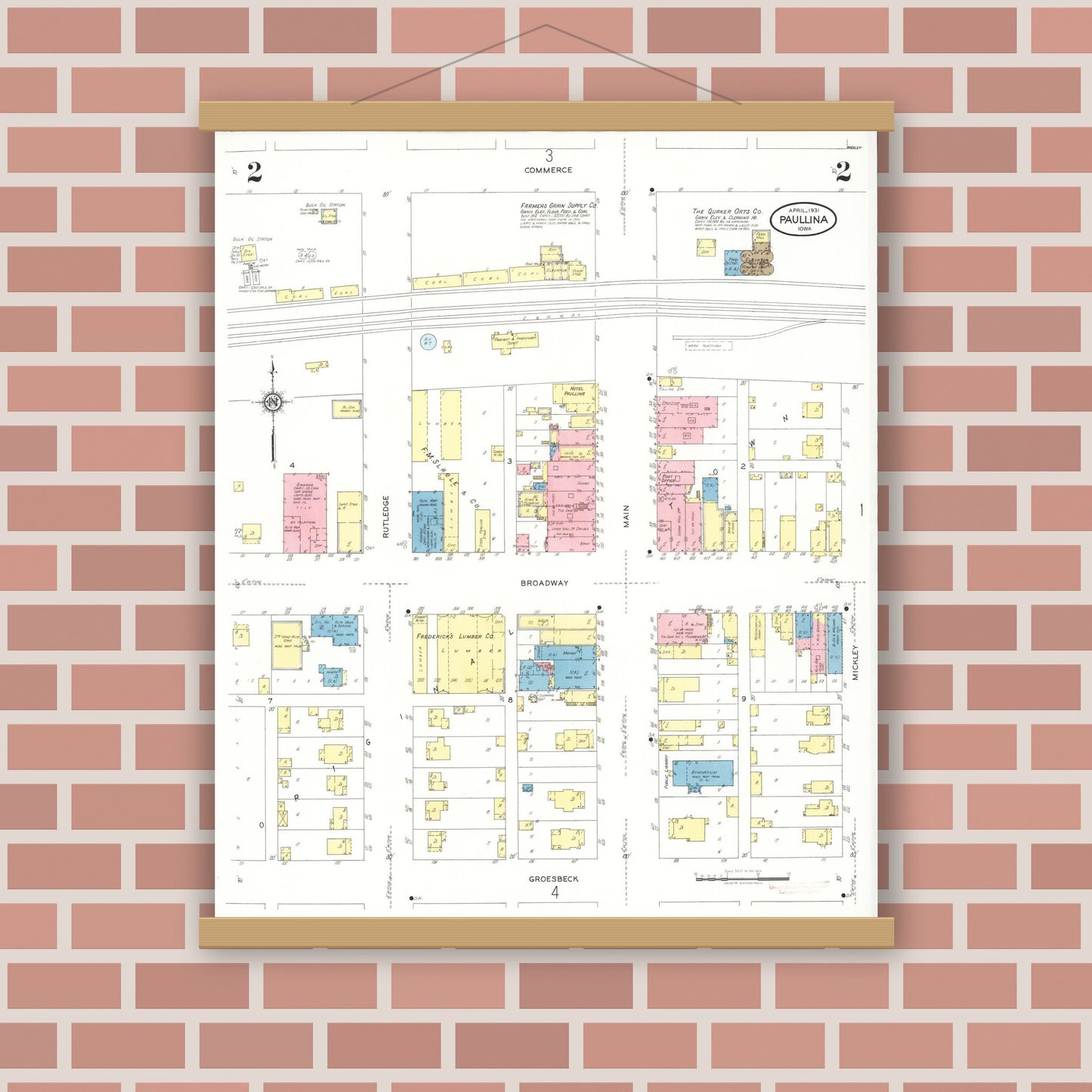 Old map wall art mockup — magnetic wood frame on brick wall — Sanborn Fire Insurance Map from Paullina, O'Brien County, Iowa (1931), Sheet #0002