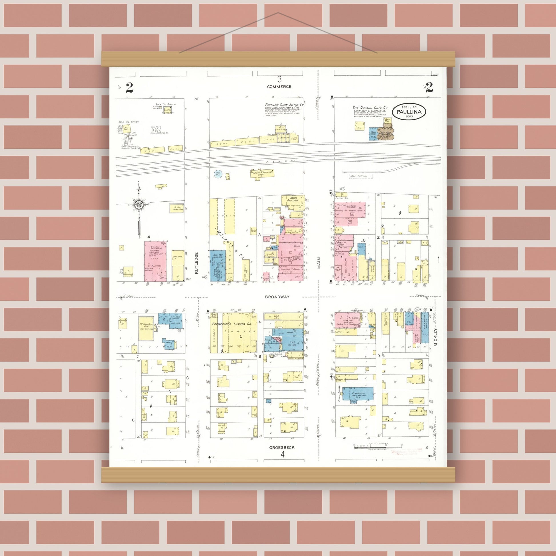 Old map wall art mockup — magnetic wood frame on brick wall — Sanborn Fire Insurance Map from Paullina, O'Brien County, Iowa (1931), Sheet #0002