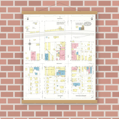 Old map wall art mockup — magnetic wood frame on brick wall — Sanborn Fire Insurance Map from Paullina, O'Brien County, Iowa (1931), Sheet #0002