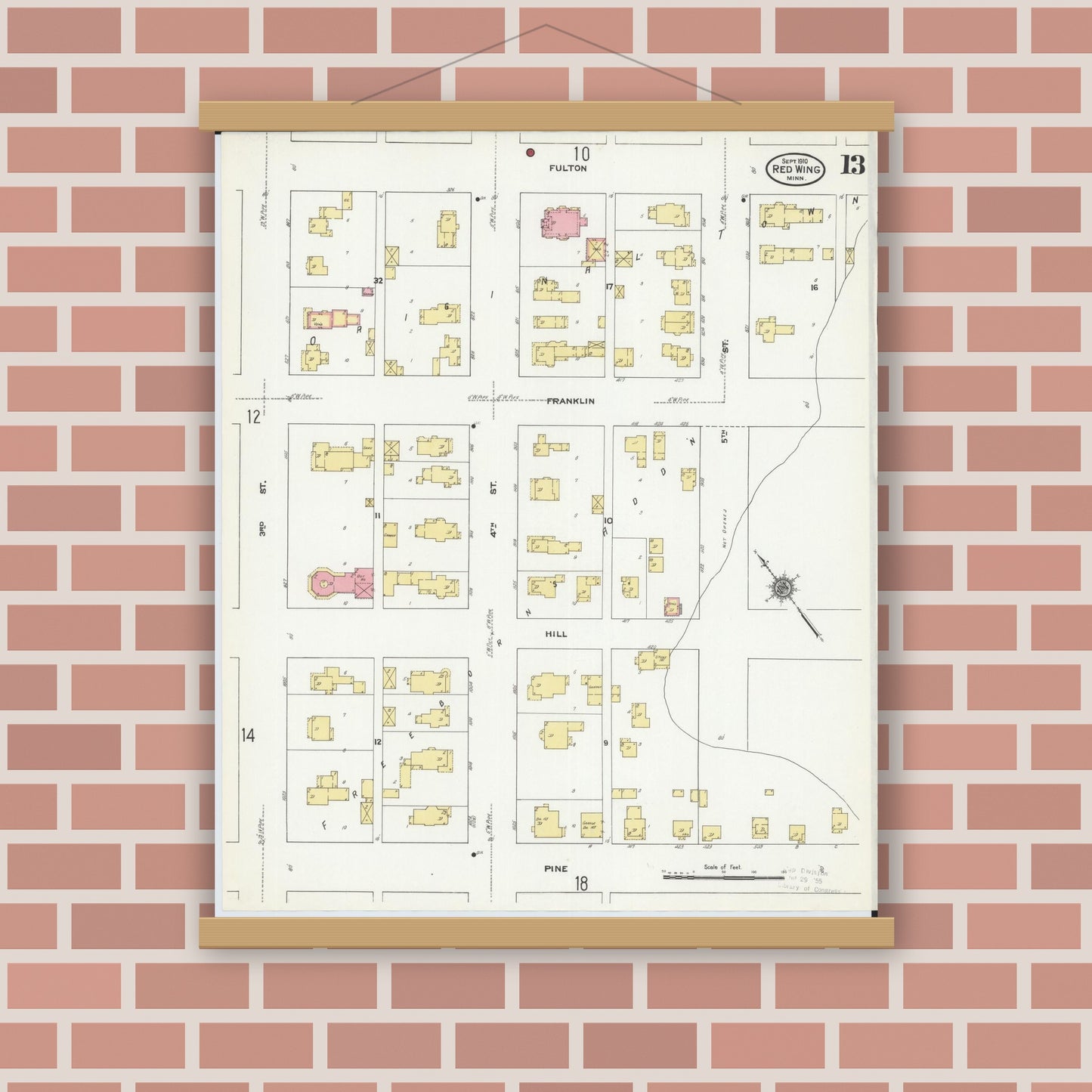 Old map wall art mockup — magnetic wood frame on brick wall — Sanborn Fire Insurance Map from Red Wing, Goodhue County, Minnesota (1910), Sheet #0013