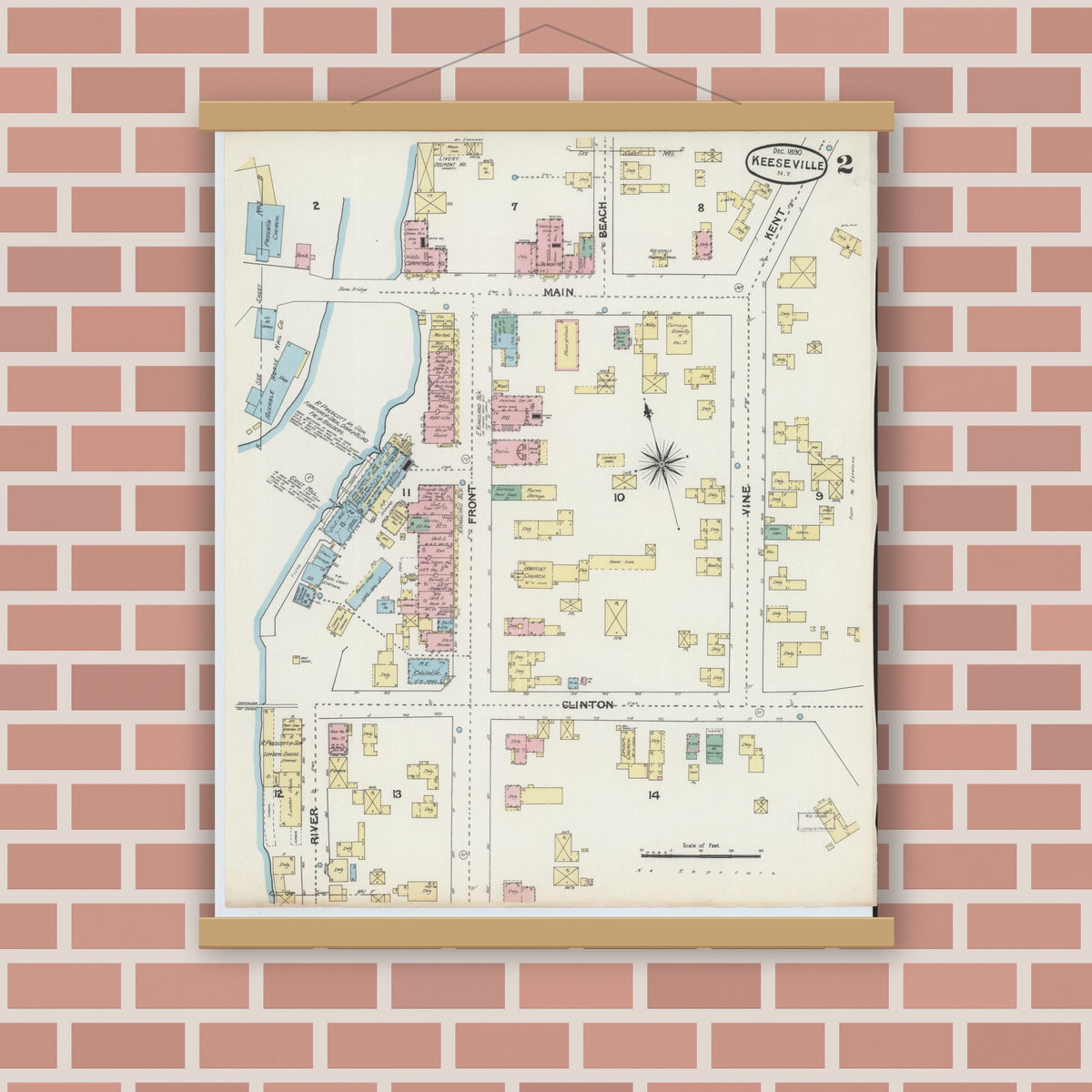 Old map wall art mockup — magnetic wood frame on brick wall — Sanborn Fire Insurance Map from Keeseville, Essex County, New York (1890), Sheet #0002