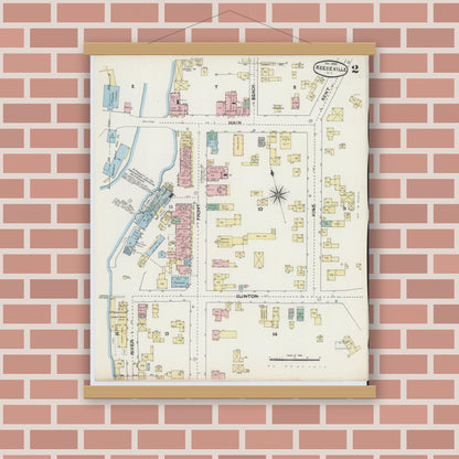 Old map wall art mockup — magnetic wood frame on brick wall — Sanborn Fire Insurance Map from Keeseville, Essex County, New York (1890), Sheet #0002