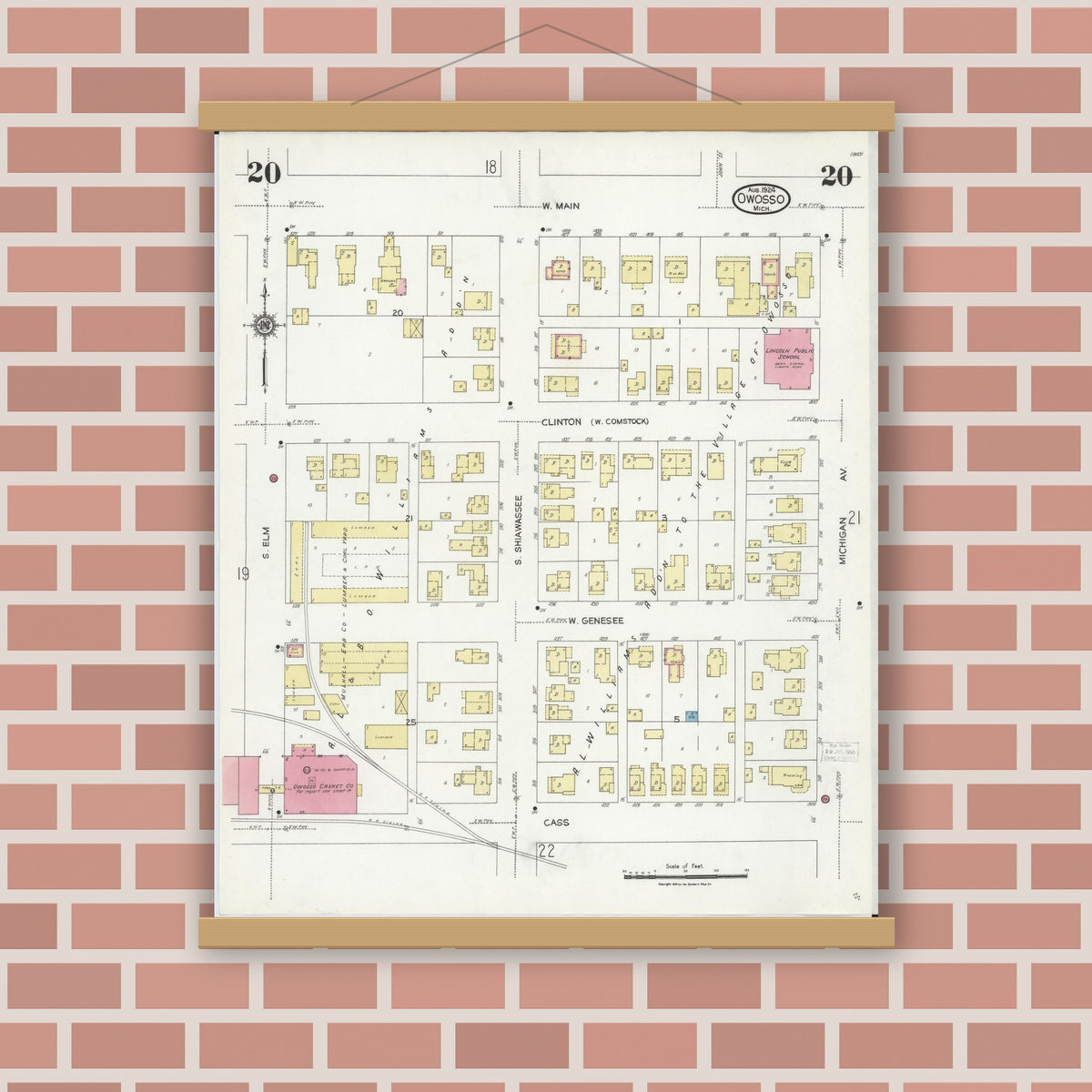 Old map wall art mockup — magnetic wood frame on brick wall — Sanborn Fire Insurance Map from Owosso, Shiawassee County, Michigan (1924), Sheet #0020