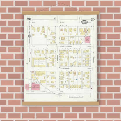 Old map wall art mockup — magnetic wood frame on brick wall — Sanborn Fire Insurance Map from Owosso, Shiawassee County, Michigan (1924), Sheet #0020