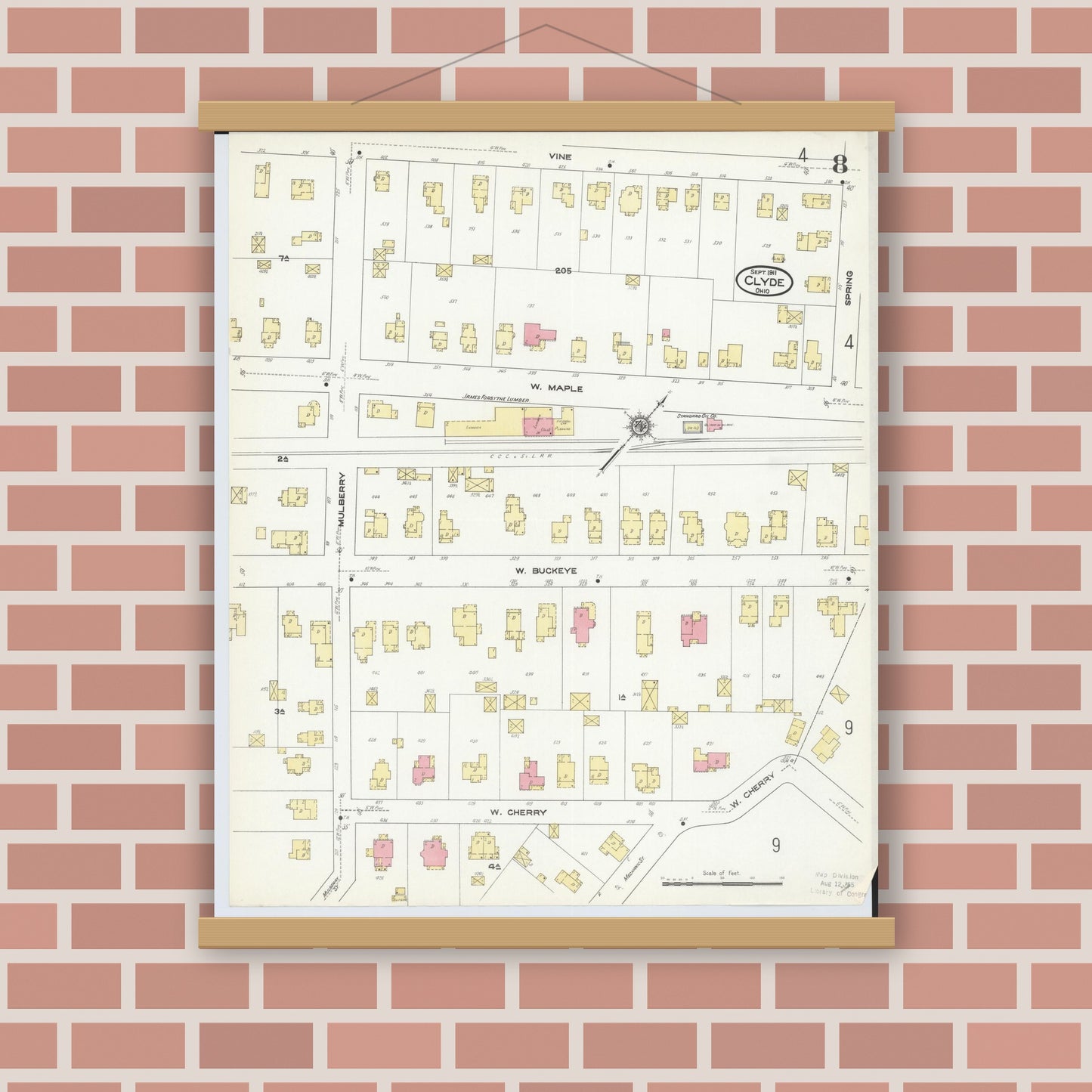 Old map wall art mockup — magnetic wood frame on brick wall — Sanborn Fire Insurance Map from Clyde, Sandusky County, Ohio (1911), Sheet #0008