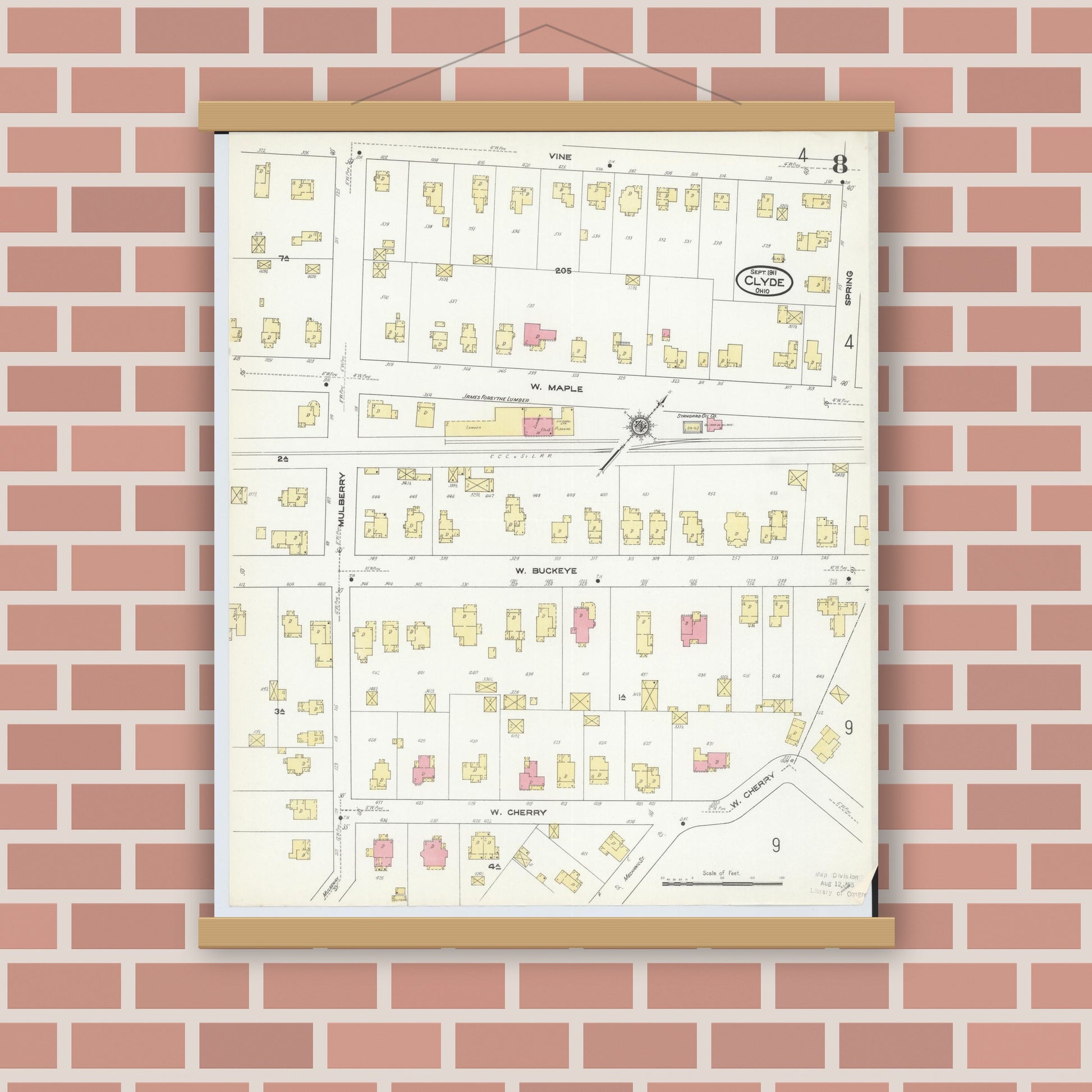 Old map wall art mockup — magnetic wood frame on brick wall — Sanborn Fire Insurance Map from Clyde, Sandusky County, Ohio (1911), Sheet #0008