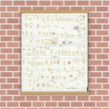 Old map wall art mockup — magnetic wood frame on brick wall — Sanborn Fire Insurance Map from Clyde, Sandusky County, Ohio (1911), Sheet #0008