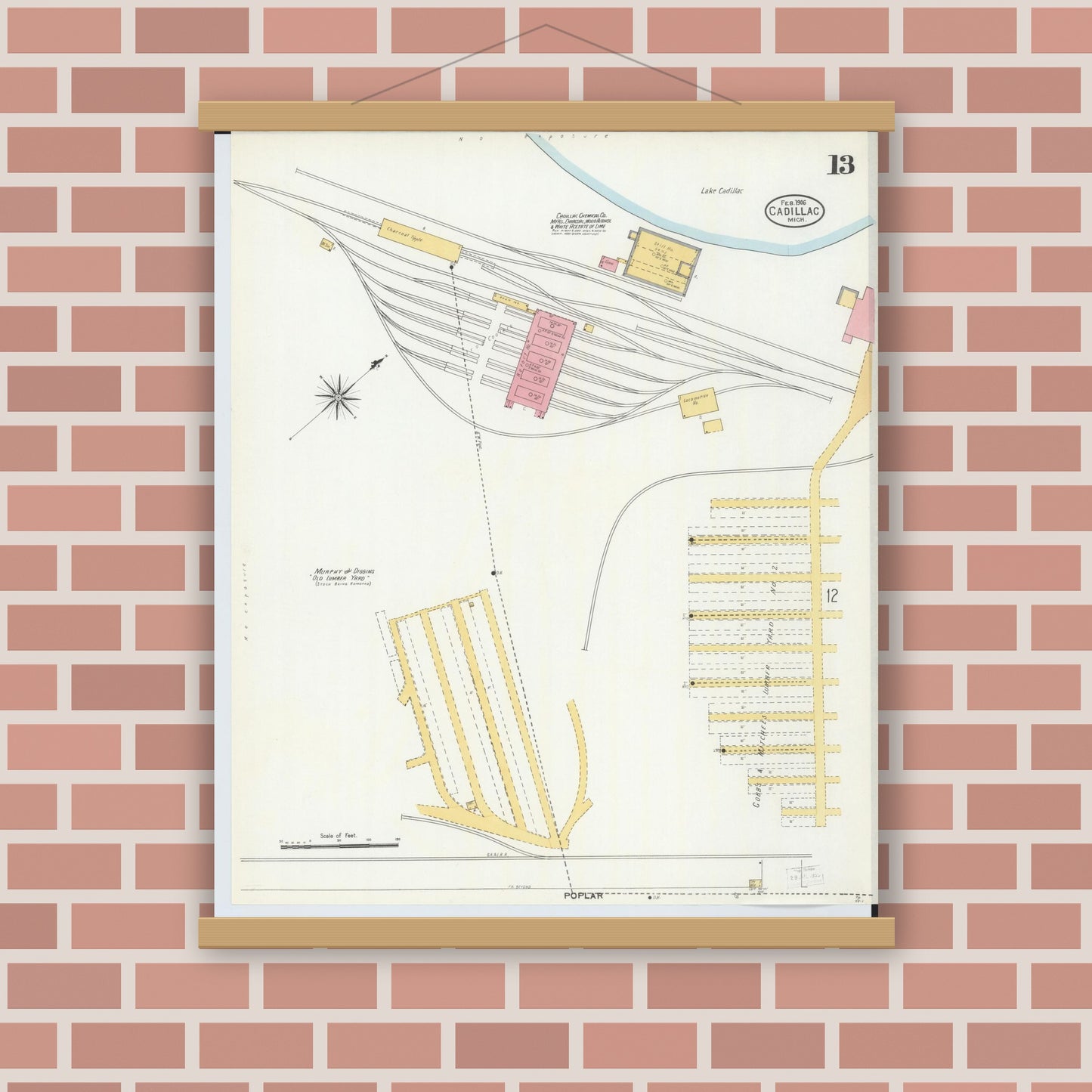 Old map wall art mockup — magnetic wood frame on brick wall — Sanborn Fire Insurance Map from Cadillac, Wexford County, Michigan (1906), Sheet #0013