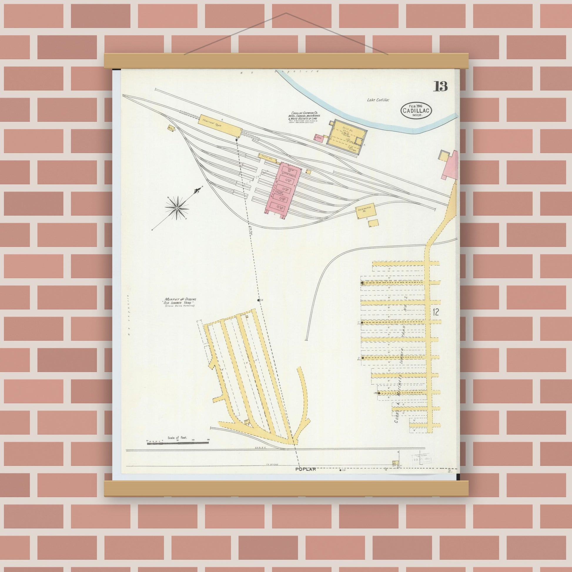 Old map wall art mockup — magnetic wood frame on brick wall — Sanborn Fire Insurance Map from Cadillac, Wexford County, Michigan (1906), Sheet #0013