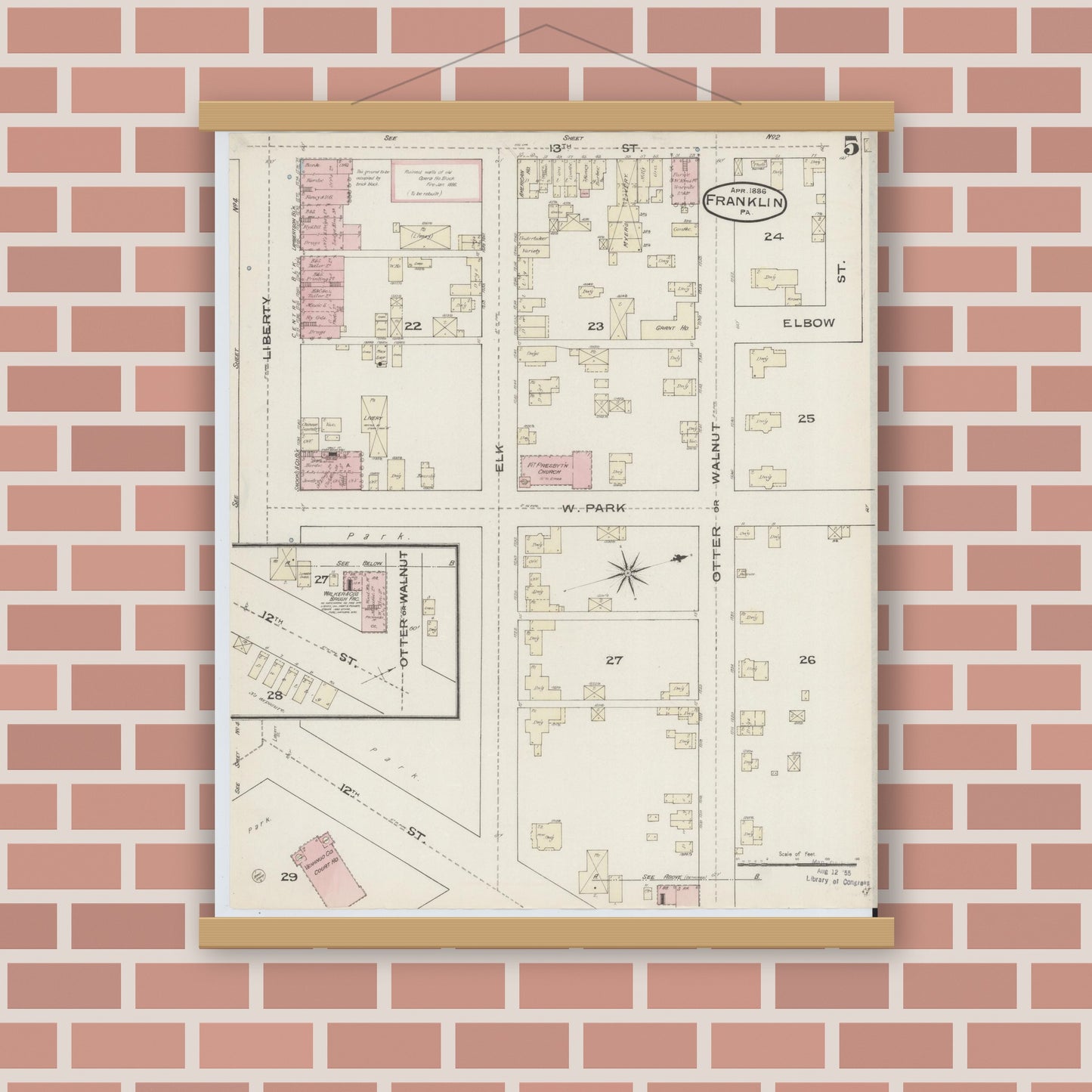 Old map wall art mockup — magnetic wood frame on brick wall — Sanborn Fire Insurance Map from Franklin, Venango County, Pennsylvania (1888), Sheet #0005