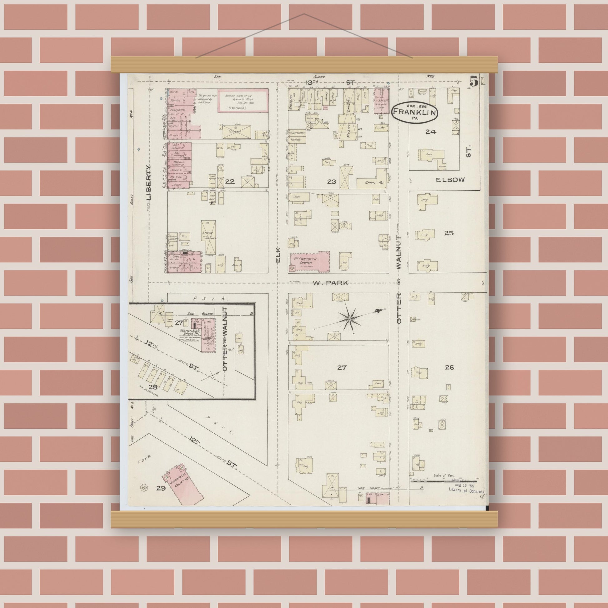 Old map wall art mockup — magnetic wood frame on brick wall — Sanborn Fire Insurance Map from Franklin, Venango County, Pennsylvania (1888), Sheet #0005