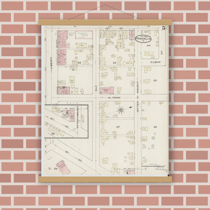Old map wall art mockup — magnetic wood frame on brick wall — Sanborn Fire Insurance Map from Franklin, Venango County, Pennsylvania (1888), Sheet #0005
