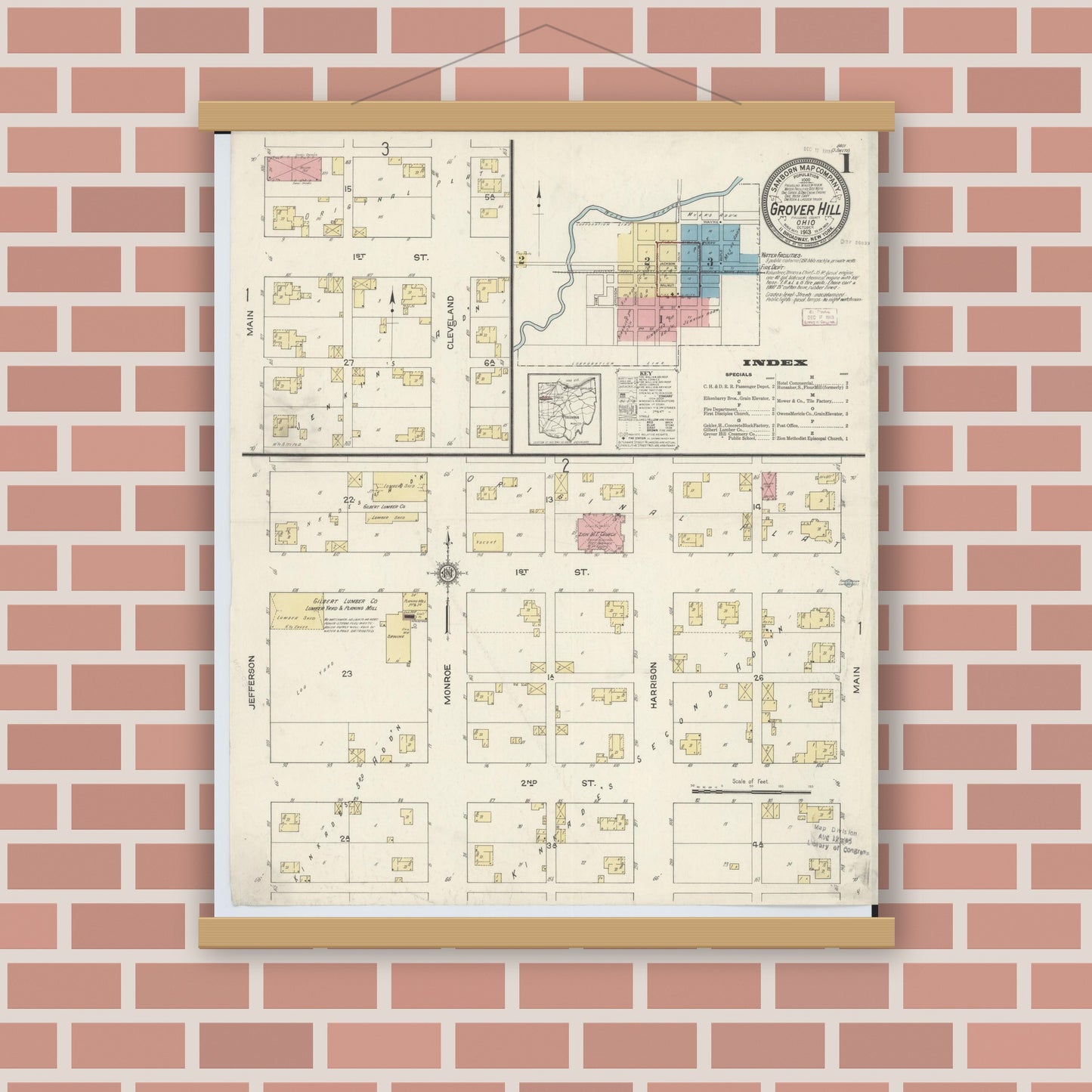 Old map wall art mockup — magnetic wood frame on brick wall — Sanborn Fire Insurance Map from Grover Hill, Paulding County, Ohio (1913), Sheet #0001