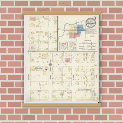 Old map wall art mockup — magnetic wood frame on brick wall — Sanborn Fire Insurance Map from Grover Hill, Paulding County, Ohio (1913), Sheet #0001
