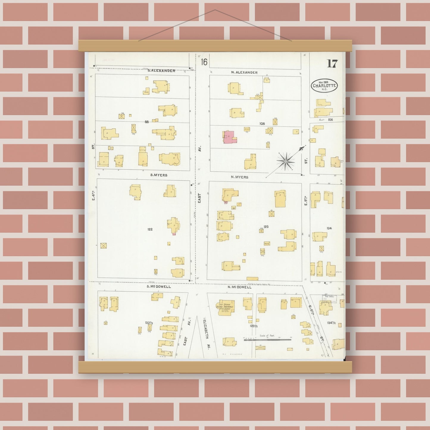 Old map wall art mockup — magnetic wood frame on brick wall — Sanborn Fire Insurance Map from Charlotte, Mecklenburg County, North Carolina (1905), Sheet #0017