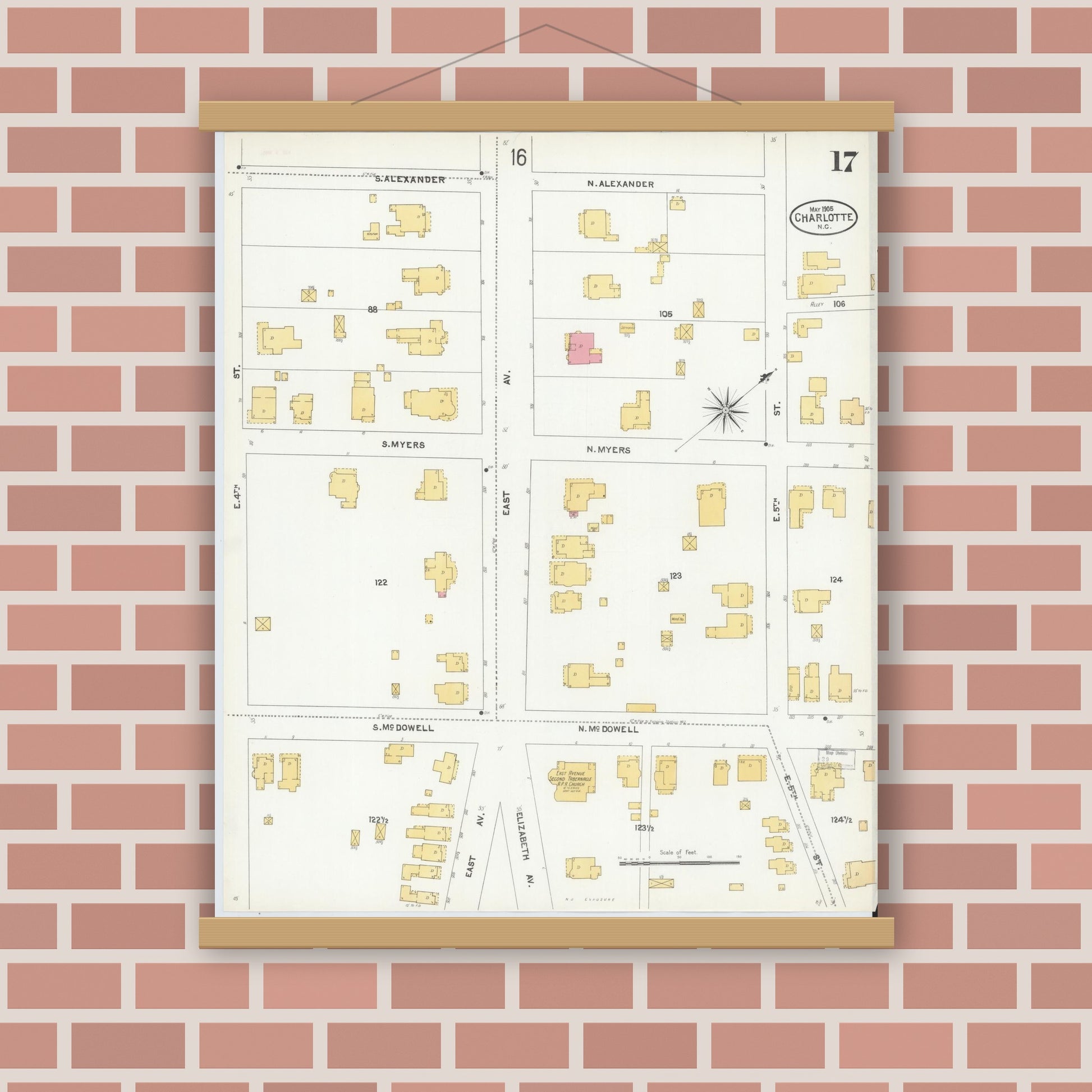 Old map wall art mockup — magnetic wood frame on brick wall — Sanborn Fire Insurance Map from Charlotte, Mecklenburg County, North Carolina (1905), Sheet #0017