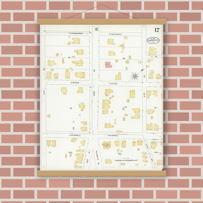 Old map wall art mockup — magnetic wood frame on brick wall — Sanborn Fire Insurance Map from Charlotte, Mecklenburg County, North Carolina (1905), Sheet #0017