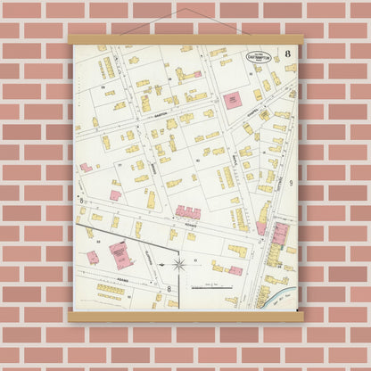 Old map wall art mockup — magnetic wood frame on brick wall — Sanborn Fire Insurance Map from East Hampton, Hampshire County, Massachusetts (1902), Sheet #0008