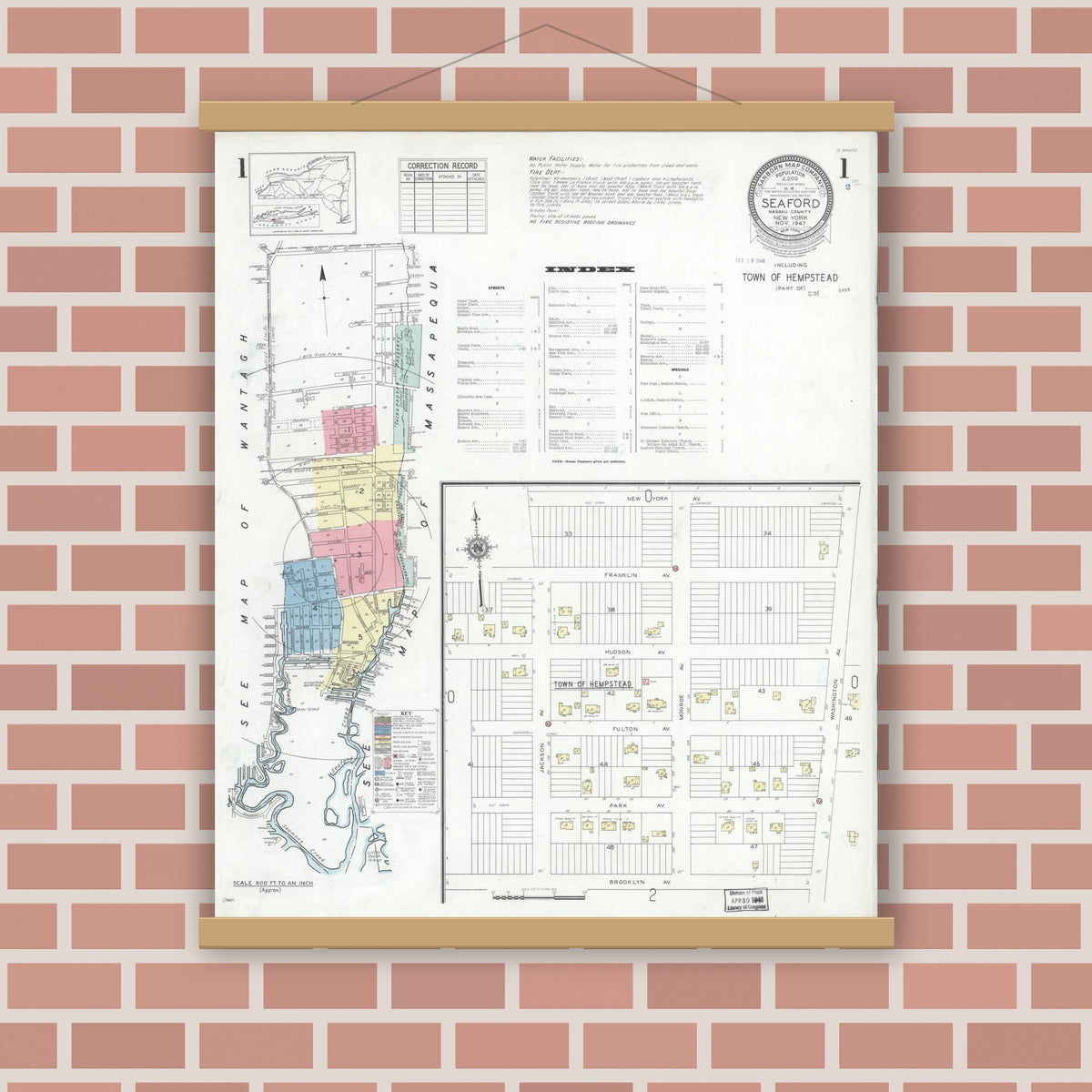 Old map wall art mockup — magnetic wood frame on brick wall — Sanborn Fire Insurance Map from Seaford, Nassau County, New York (1947) - Complete Map Set