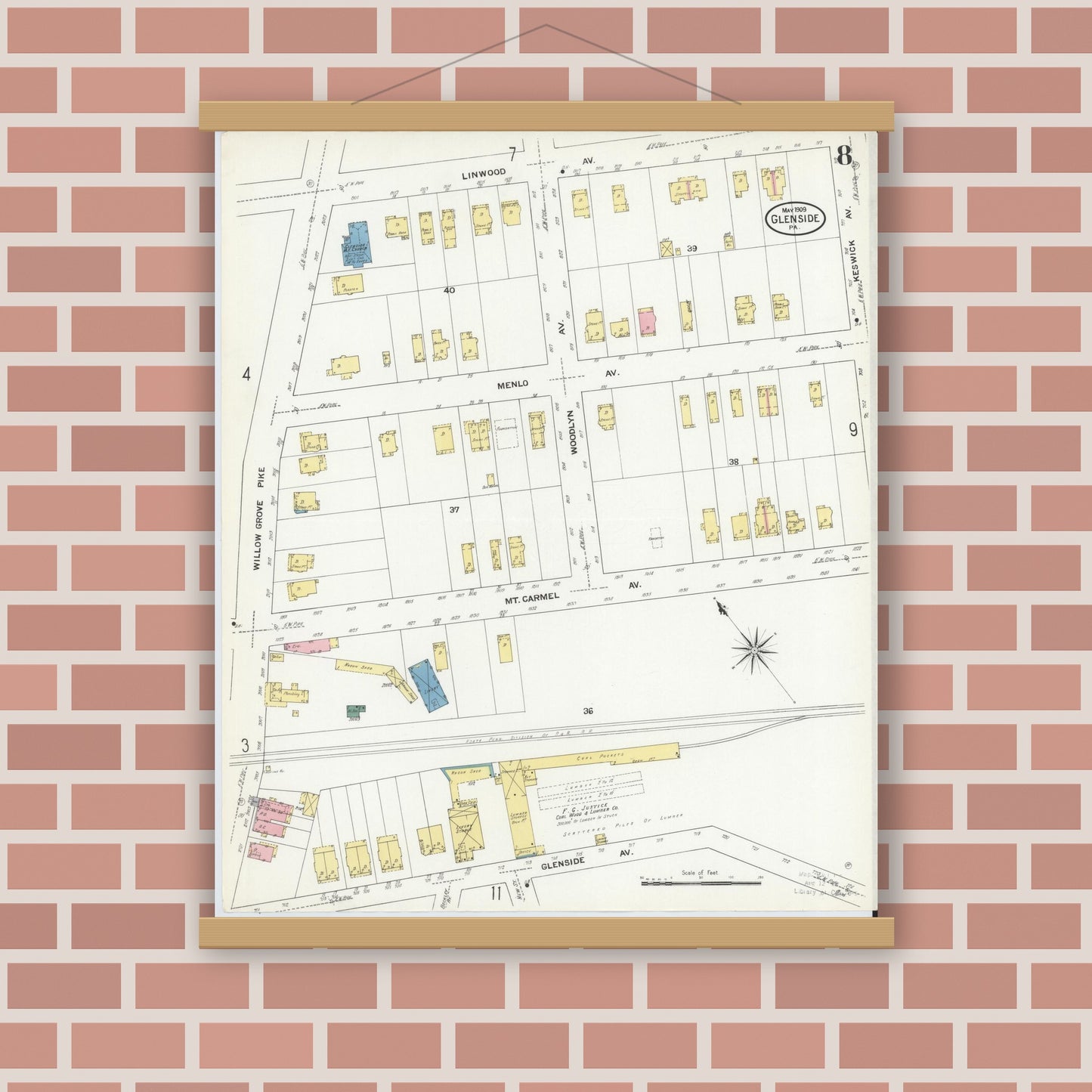 Old map wall art mockup — magnetic wood frame on brick wall — Sanborn Fire Insurance Map from Glenside, Montgomery County, Pennsylvania (1909), Sheet #0008