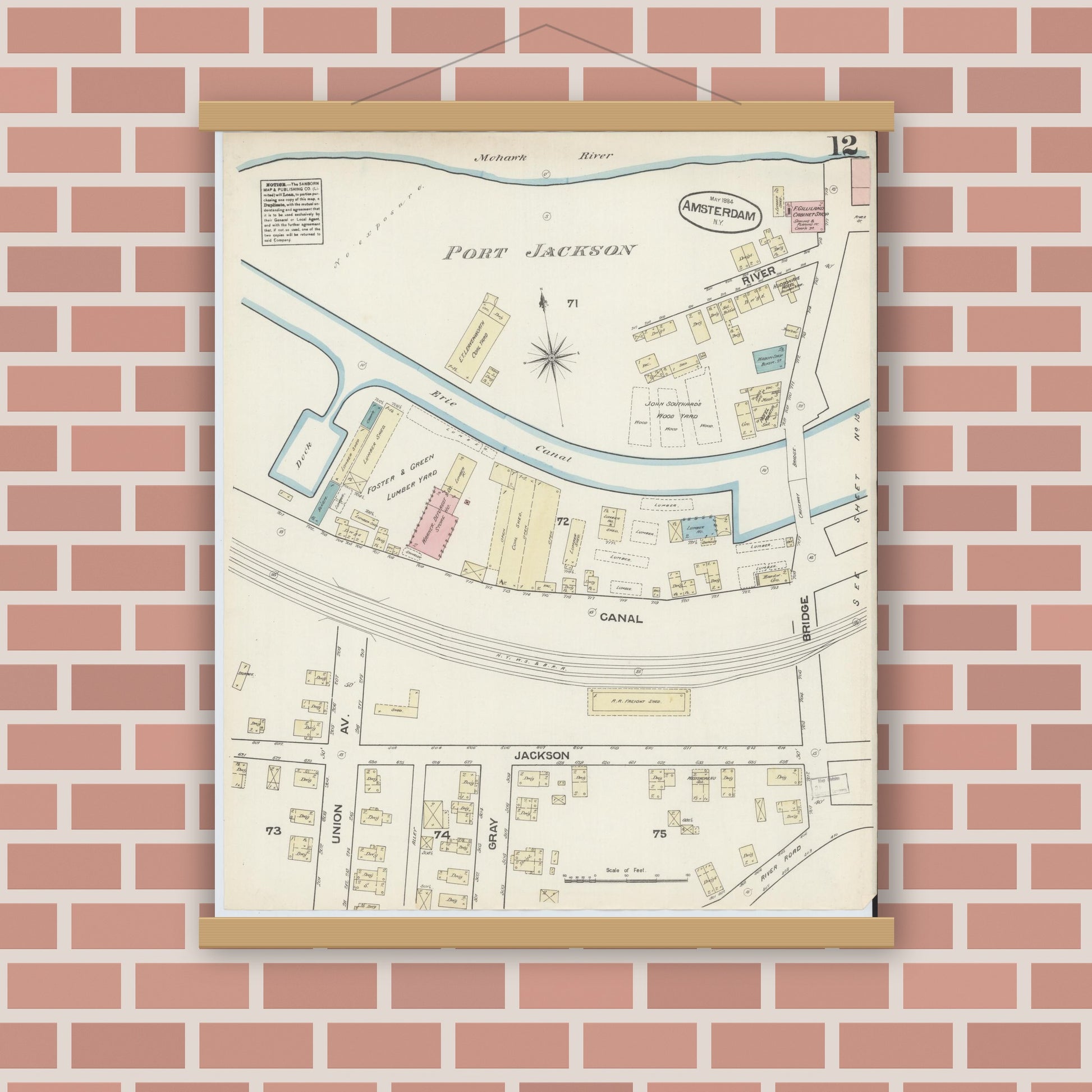 Old map wall art mockup — magnetic wood frame on brick wall — Sanborn Fire Insurance Map from Amsterdam, Montgomery County, New York (1884), Sheet #0012