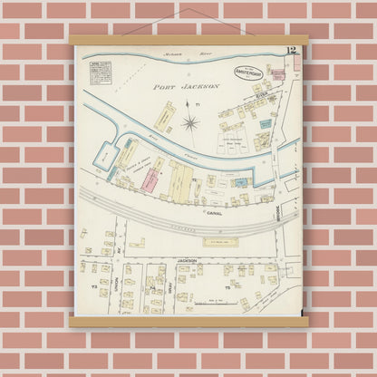 Old map wall art mockup — magnetic wood frame on brick wall — Sanborn Fire Insurance Map from Amsterdam, Montgomery County, New York (1884), Sheet #0012