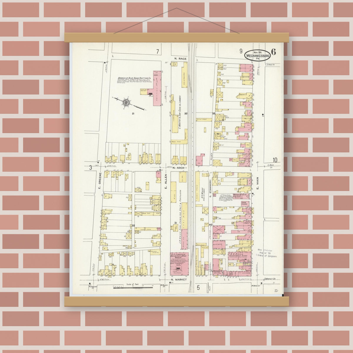 Old map wall art mockup — magnetic wood frame on brick wall — Sanborn Fire Insurance Map from Mechanicsburg, Cumberland County, Pennsylvania (1911), Sheet #0006