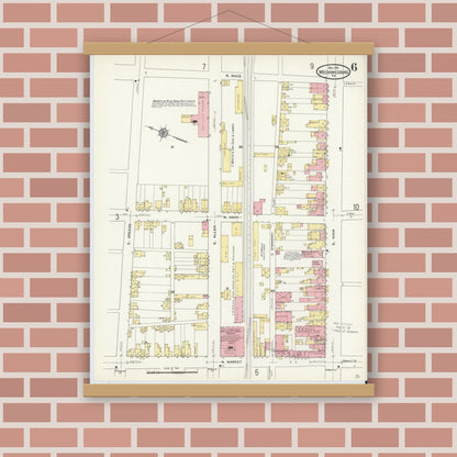 Old map wall art mockup — magnetic wood frame on brick wall — Sanborn Fire Insurance Map from Mechanicsburg, Cumberland County, Pennsylvania (1911), Sheet #0006