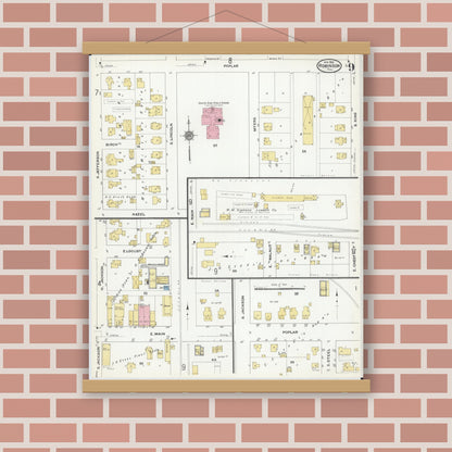 Old map wall art mockup — magnetic wood frame on brick wall — Sanborn Fire Insurance Map from Robinson, Crawford County, Illinois (1910), Sheet #0009