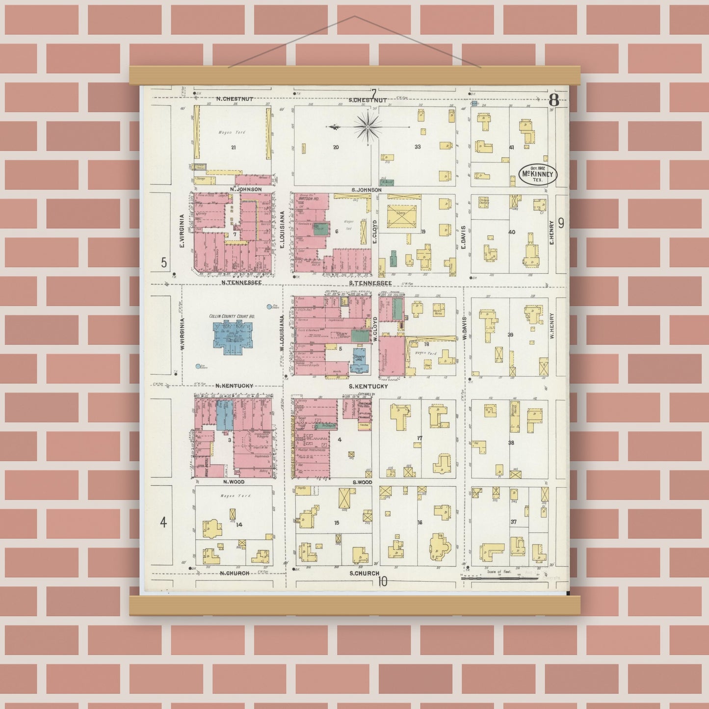 Old map wall art mockup — magnetic wood frame on brick wall — Sanborn Fire Insurance Map from McKinney, Collin County, Texas (1902), Sheet #0008